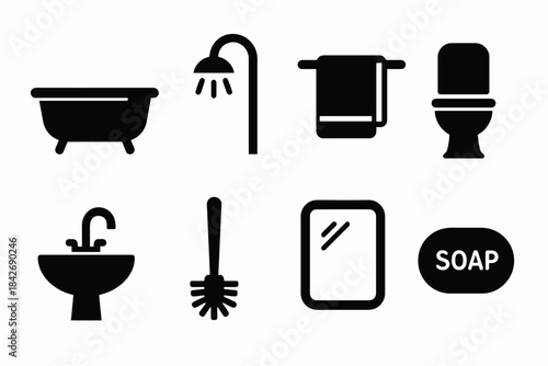 Bathroom icons: bathtub, shower, towel, toilet, sink, brush, mirror, soap