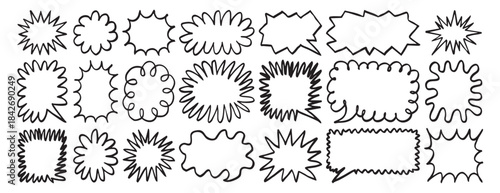 Colored doodle speech bubbles outline and bubble shapes, round, oval and rectangular speech bubbles with black stroke. Creative stars colorful.