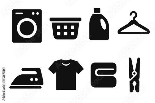 Laundry icons: washing machine, basket, detergent, hanger, iron, shirt, folded clothes, clothespin