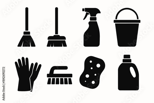 Set of eight black cleaning tools silhouettes: mop, broom, spray, bucket, gloves, brush, sponge, detergent