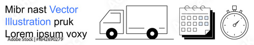 Logistics, delivery scheduling, deadline planning, time tracking, supply chain, productivity tools. A truck, calendar and stopwatch icons in black and white. Logistics and delivery scheduling theme