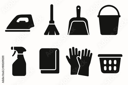 Household cleaning tools: iron, mop, dustpan, bucket, spray bottle, cloth, gloves, laundry basket