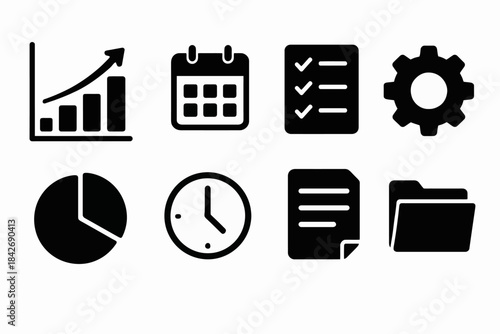 Business and productivity icons: growth graph, calendar, checklist, gear, pie chart, clock, document, folder