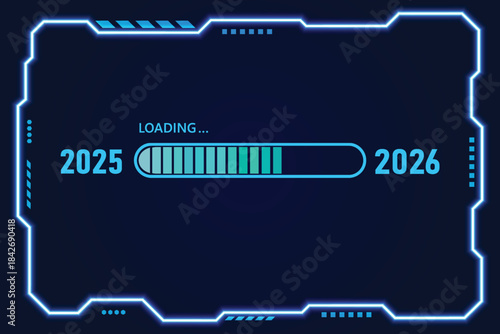 Blue loading bar from 2025 to 2026 on a modern dark blue and black background. New Year concept