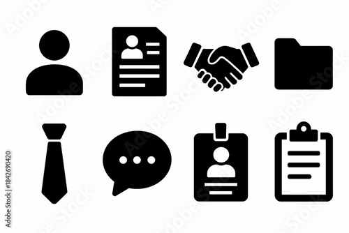 Business icons set: profile, handshake, document, and badge symbols for professional use