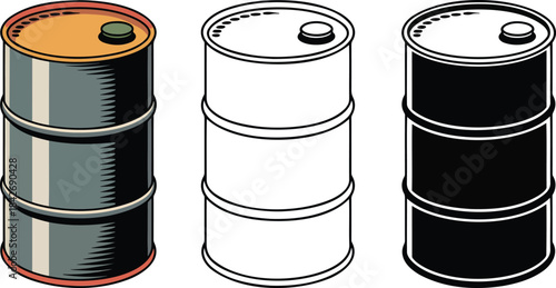 Metal oil barrel silhouette & Outline and illustration set isolated on transparent background