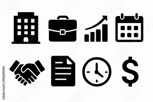 Business icons: office, briefcase, growth graph, calendar, handshake, document, clock, dollar sign