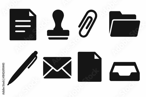 Essential office icons: document, stamp, paperclip, folder, pen, envelope, tray