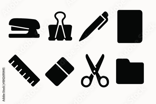 Black office supplies icons: stapler, pen, scissors, ruler, folder, eraser, clips