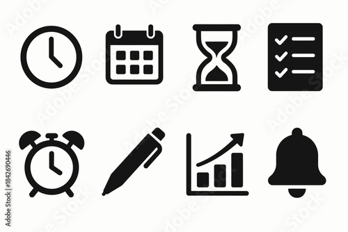 Time management icon set featuring clocks, calendar, and pen illustrations