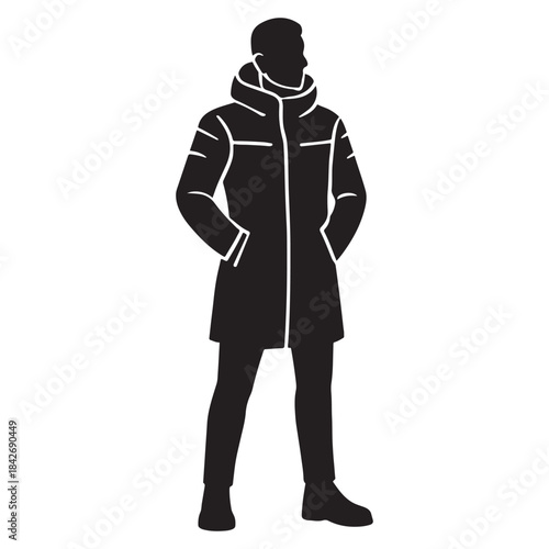 Standing man in long winter parka jacket silhouette with hood vector graphic