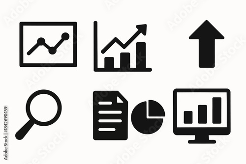 Business analytics icons: graphs, charts, and data visualization elements