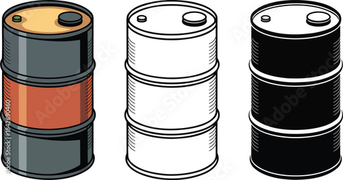 Metal oil barrel silhouette & Outline and illustration set isolated on transparent background