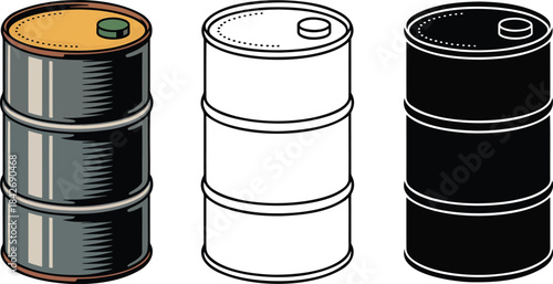 Metal oil barrel silhouette & Outline and illustration set isolated on transparent background
