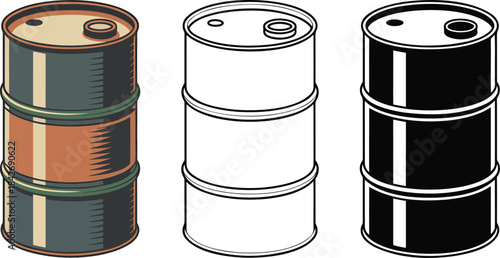 Metal oil barrel silhouette & Outline and illustration set isolated on transparent background