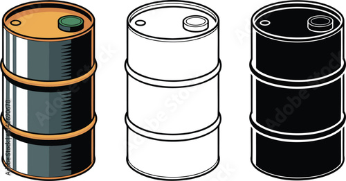 Metal oil barrel silhouette & Outline and illustration set isolated on transparent background