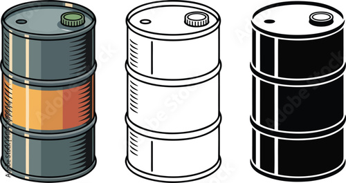Metal oil barrel silhouette & Outline and illustration set isolated on transparent background