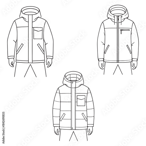 Technical Outline Vector Jackets for Ski Snowboard Outdoor Clothing Mockup