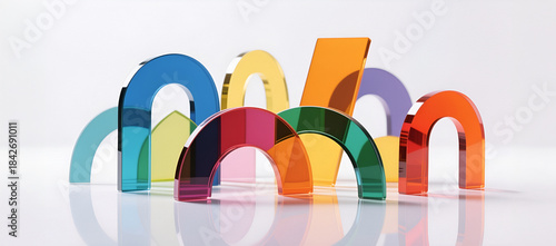 Elementi geometrici artistici realizzati in plastica trasparente e colorata su uno sfondi chiaro e riflettente