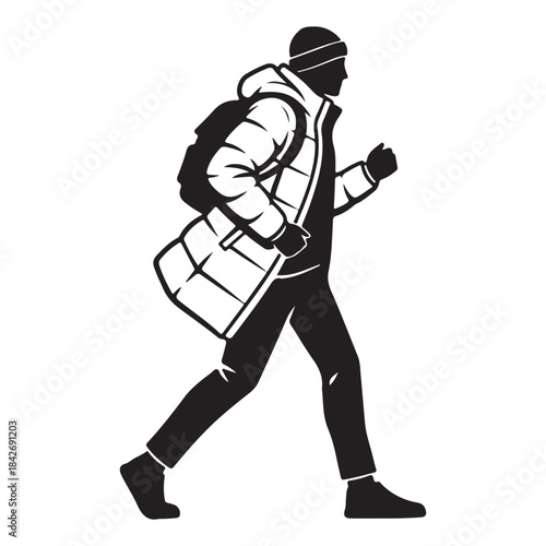 Winter traveler silhouette vector person walking with puffer jacket & backpack