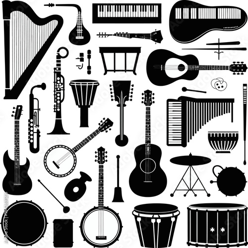 A bold black and white silhouette of a grand piano surrounded by various woodwind, percussion, and string instruments.