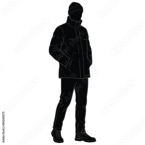 Winter man standing silhouette vector puffer jacket, knit hat, boots