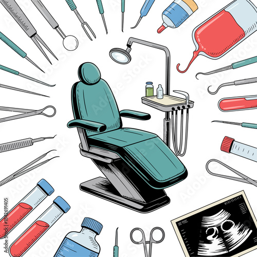 A colorful, hand-drawn collection of medical and healthcare icons including surgical tools, a blood bag, and a dental chair.