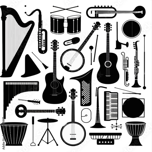 A bold black and white silhouette of a grand piano surrounded by various woodwind, percussion, and string instruments.