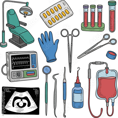 A colorful, hand-drawn collection of medical and healthcare icons including surgical tools, a blood bag, and a dental chair.