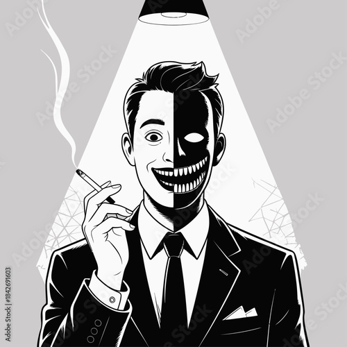 Black-and-white illustration of a man in a suit with a split smiling face, contrasting calm appearance with dark, sinister expression.