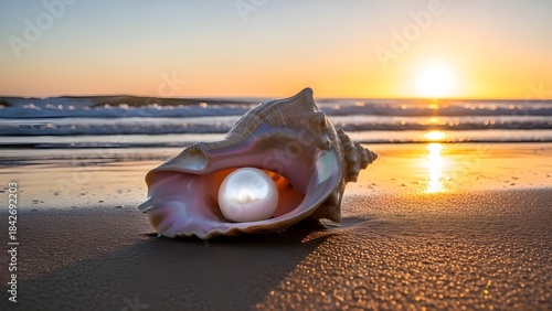 Kerang  terbuka didalamnya ada mutiara diatas pasir  dengan matahari terbenam 