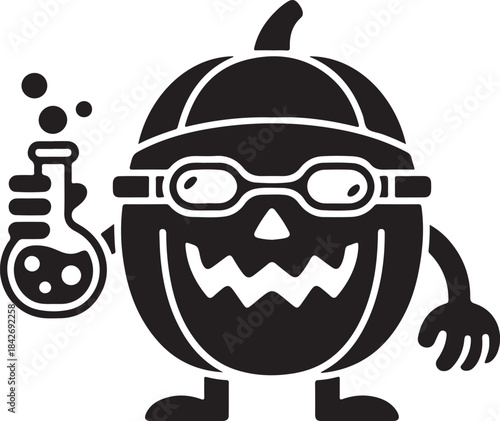 Pumpkin vector character wearing goggles and holding a bubbling flask for a spooky science experiment