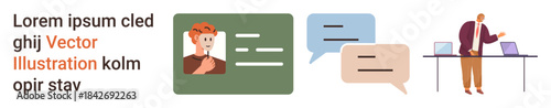 Communication, online networking, professional discussions, business presentations, teamwork dynamics, digital collaboration. Chat bubbles and characters engaging in work tasks. Communication
