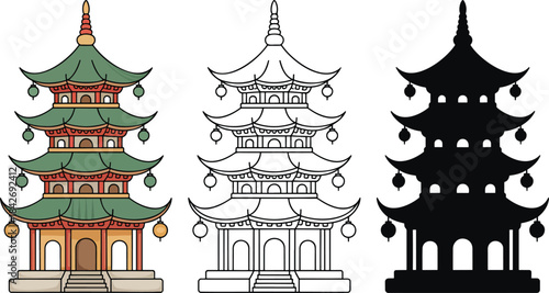 Pagodas silhouette & Outline and illustration set isolated on transparent background