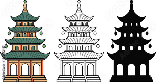 Pagodas silhouette & Outline and illustration set isolated on transparent background