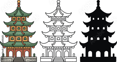 Pagodas silhouette & Outline and illustration set isolated on transparent background