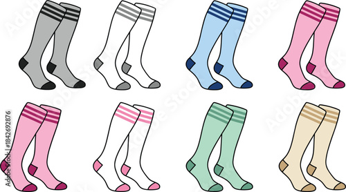 Set of Eight Pairs of Colorful Knee-High Tube Socks with Double Stripes, Representing Sports Apparel, School Uniforms, Fashion, and Athletic Accessories