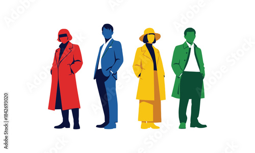 Four stylish people in elegant coats and outfits on white background