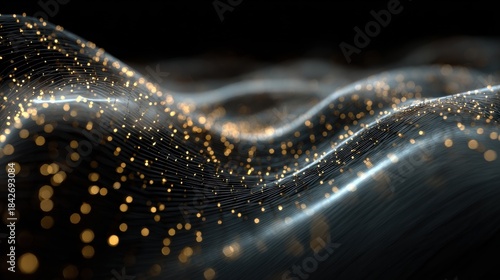 Golden dots dance across a gray, rippling surface, casting a warm glow that accentuates the undulating terrain and depth of the image.