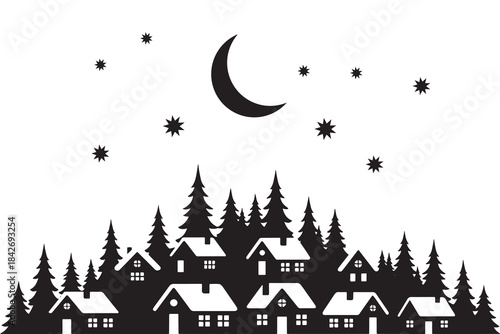 Crescent moon and stars over a silhouetted winter village