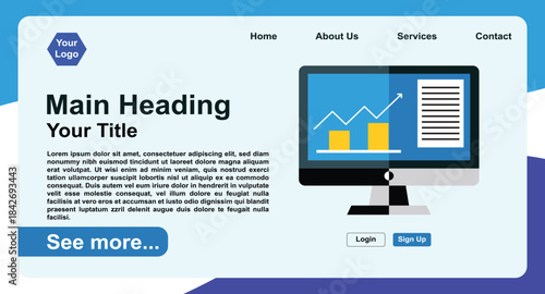 User Interface (UI) Design Wireframe for a Finance or Data Service Platform, Showcasing Main Heading, Text Body, and Analytical Graphics on a Screen