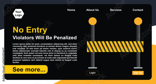 Dark Corporate Landing Page Mockup with Yellow and Black Accents, Featuring a Construction Barrier and "No Entry Violators Will Be Penalized" Warning Text