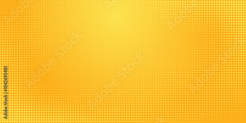 Yellow halftone pattern. Retro comic gradient background. Bright orange pixelated dotted texture overlay. Cartoon pop art faded gradient pattern. Vector backdrop for poster, banner, advertisement