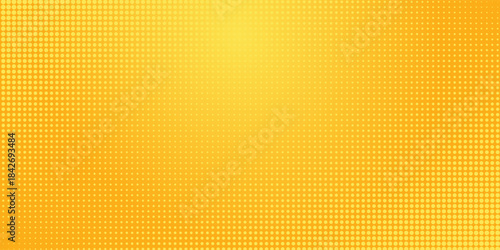 Yellow halftone pattern. Retro comic gradient background. Bright orange pixelated dotted texture overlay. Cartoon pop art faded gradient pattern. Vector backdrop for poster, banner, advertisement