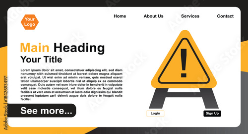 User Interface (UI) Design Wireframe for a Security or Maintenance Platform, Showcasing Main Heading, Text Body, and Prominent Hazard Symbol