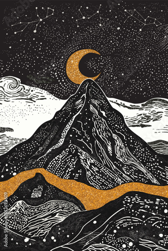 Beautiful night landscape with mountains and moon in lineart style