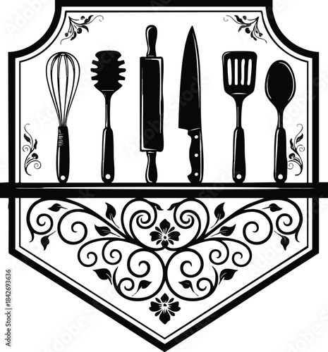 Culinary Design Black and White Kitchen Utensils Elegance
