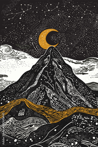 Beautiful night landscape with mountains and moon in lineart style