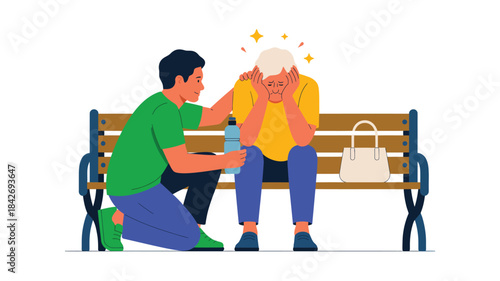 Illustration of a man helping a dizzy elderly person on a bench, showing first aid, dehydration awareness, compassion, and emergency health assistance.