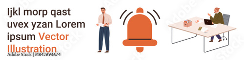 Business communication, digital alerts, remote work, office management, teamwork, productivity. Businessman standing, office worker at desk notification bell in center. Business communication